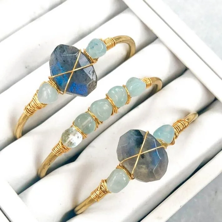 

Natural Stone Bangle Gold-color Wire Wrap Irregular Aquamarine Labradorite Cuff Bangles Bracelets for Women Girls Kids Jewelry, As picture