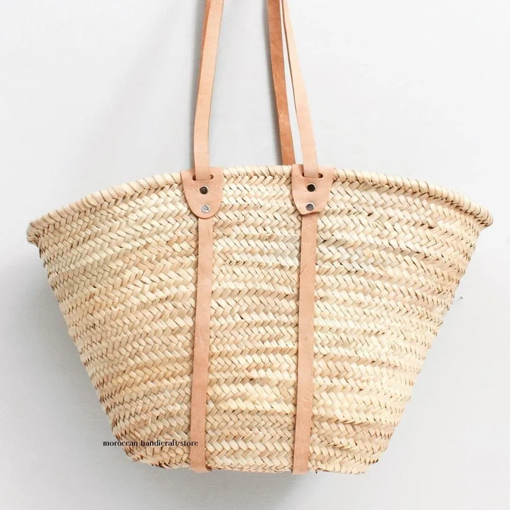 Moroccan Straw Beach Bag with Leather Handles Handmade Woven Leather ...
