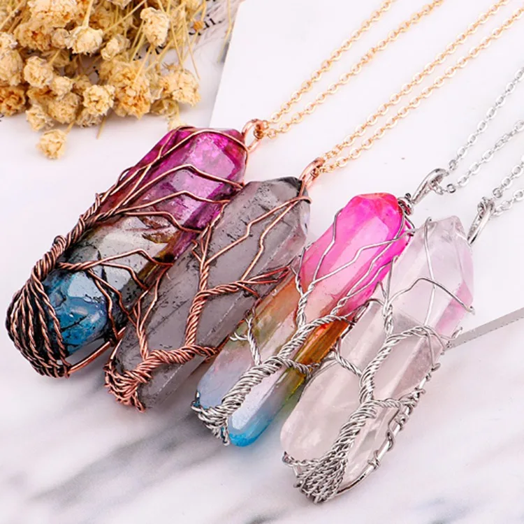 

2020 ins hot sale natural electroplate crystal necklace tree of life pendant necklace