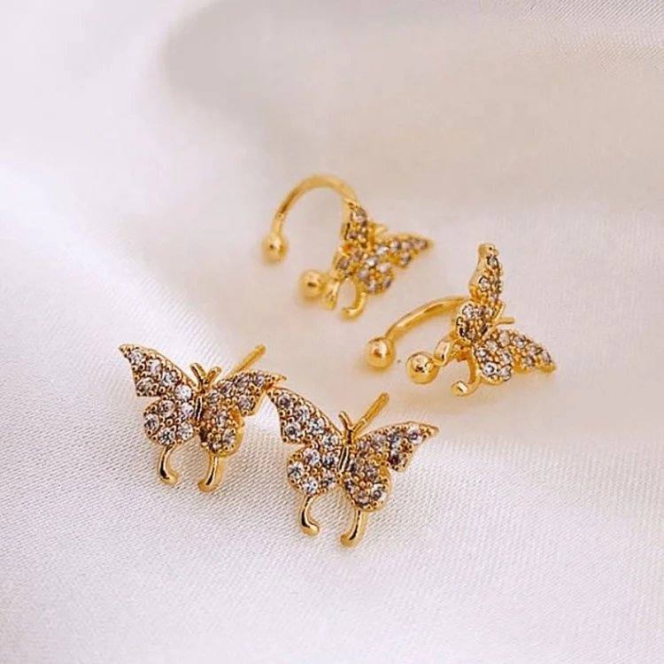 

2121 Fashion Minimalist Butterfly Stud Earrings Gold Plated Zircon Ear Cuff Bling Crystal Ear Clip Set, As picture display.