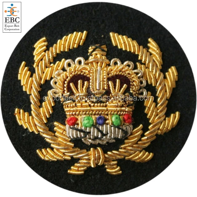 Gold Bullion Hand Embroidery Crown Cap Badge Cap Badges & Insignia