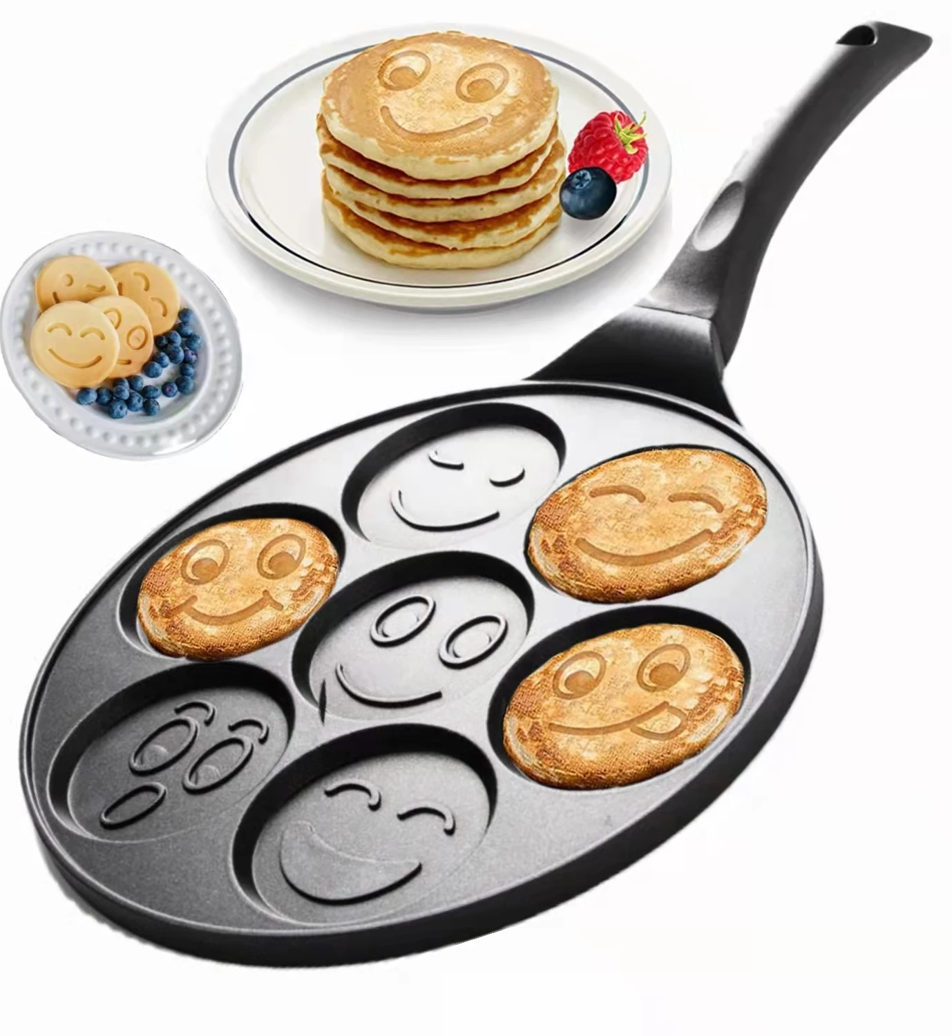 

2021 Smiley Face Pancake Pan 7 Hole Mini Pancake Flapjack Maker Die Cast Aluminum,Double Layer Nonstick Fry Pan, Natural color
