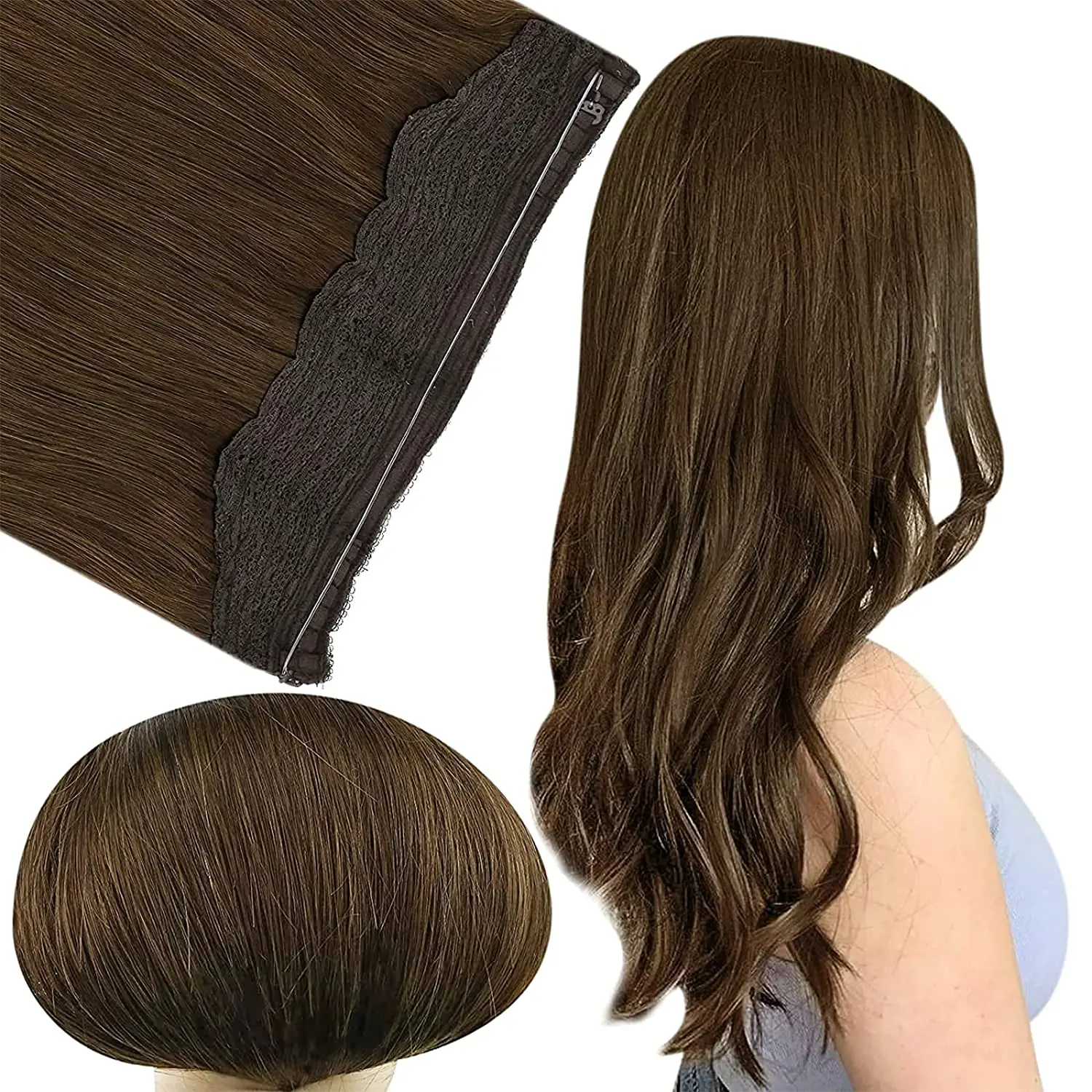 

Moresoo Invisible Wire Extensions Human Hair Balayage Color Halo Human Hair Extensions, #4 chocolate brown
