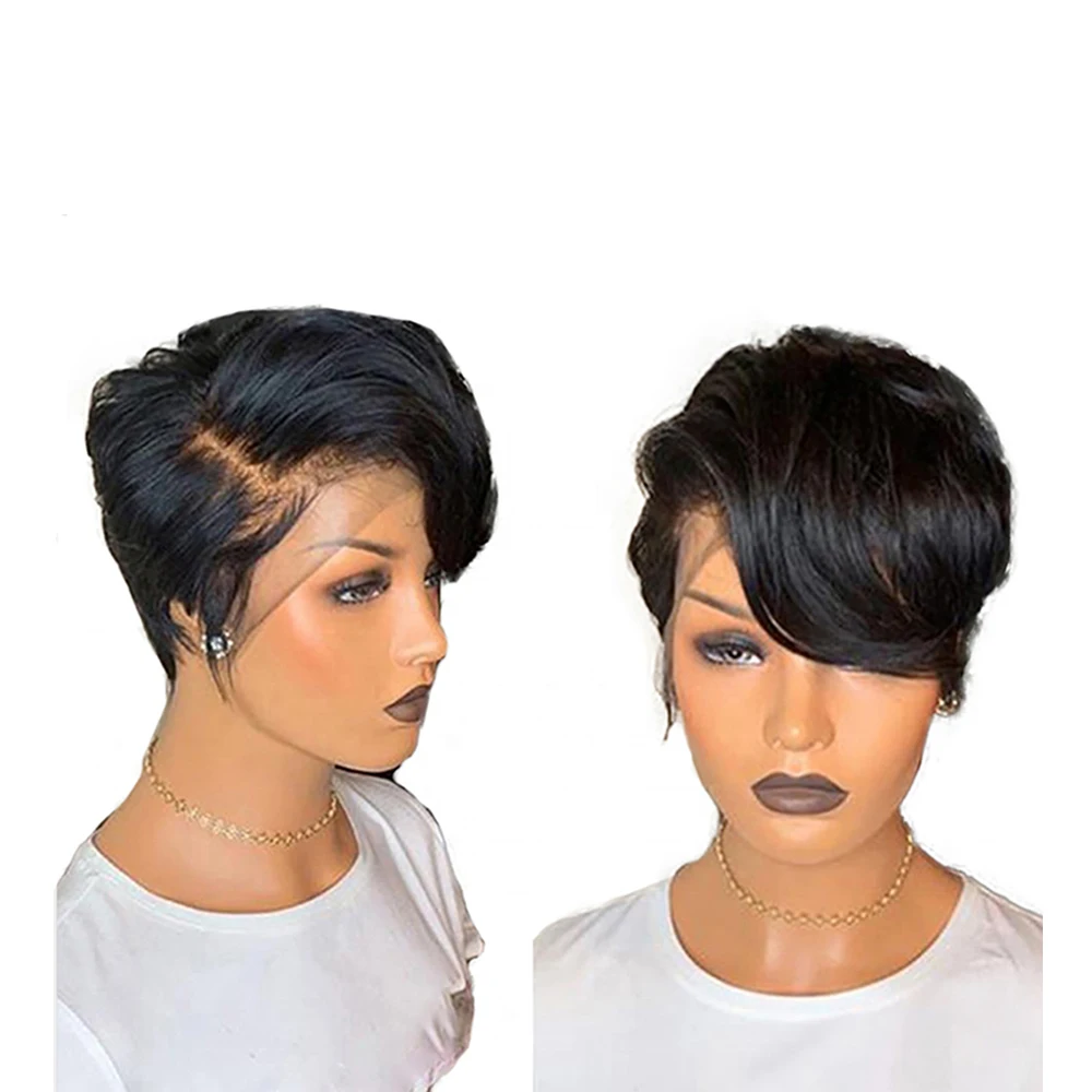 

12A Grade Virgin Human Hair Short Hair Brazilian Wigs Pre Plucked Hairline Unprocessed Best Pixie Cut T Part Frontal aWigs, Natural color