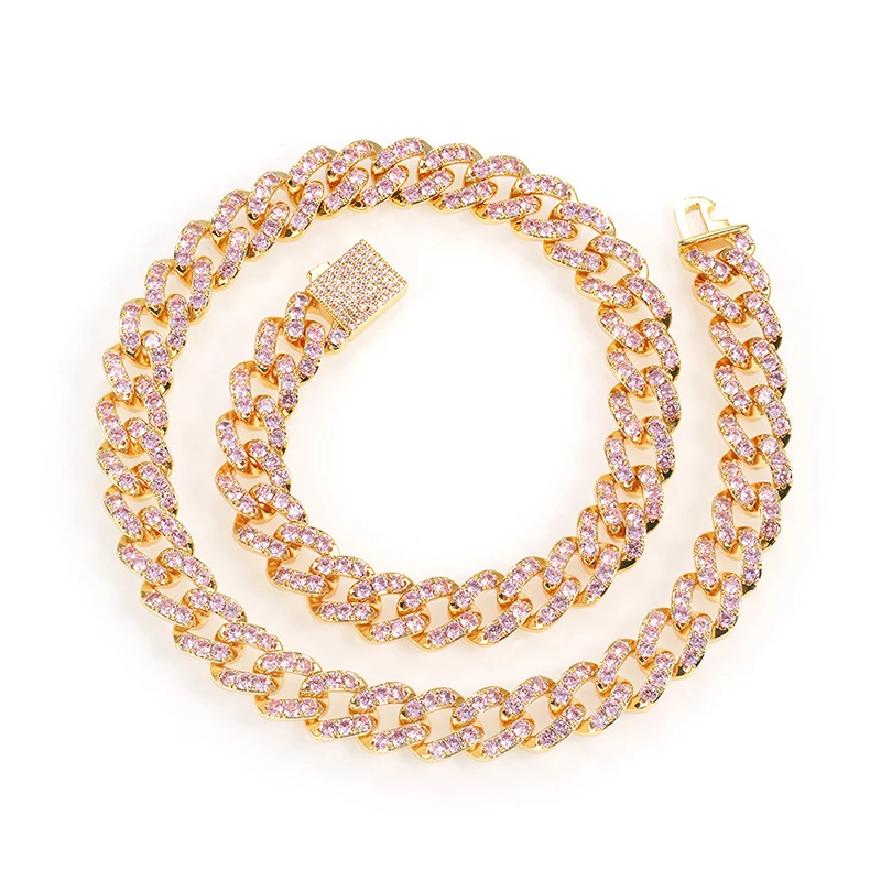 

New Hip Hop Pink Zircon Cuban Chain 18k Gold Plated Necklace For Men Or Women