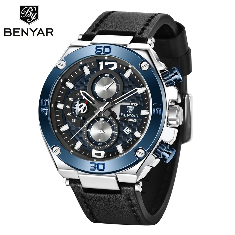 

BENYAR 5151 Brand Men Quartz Watch Luxury Military Sport Chronograph Business Waterproof Leather Watches Relogio Masculino