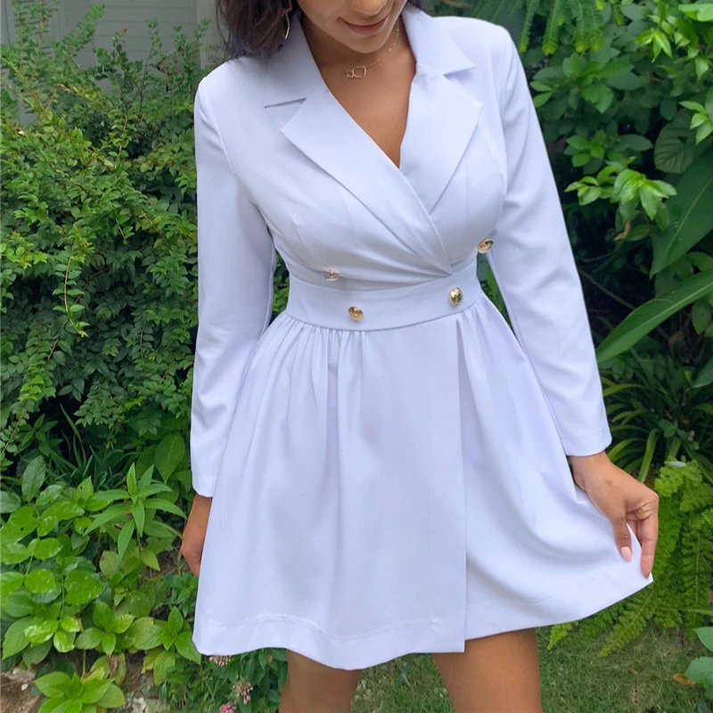 

Shein White Elegant Dress Ladies Formal Clothes Notch Collar Button details Long Sleeve and Pleated skirt Fit & Flare Mini Dress, Shown,or customized color,provide color swatches