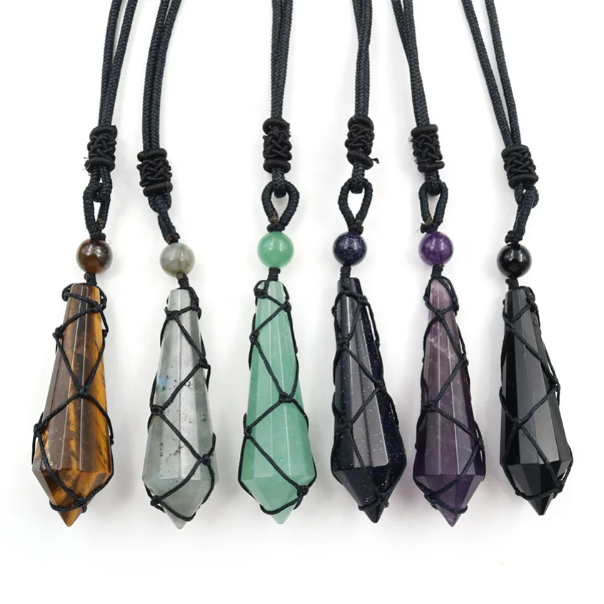 

Trendy natural crystal stone geometric hexagonal cone pendant hand-woven necklace