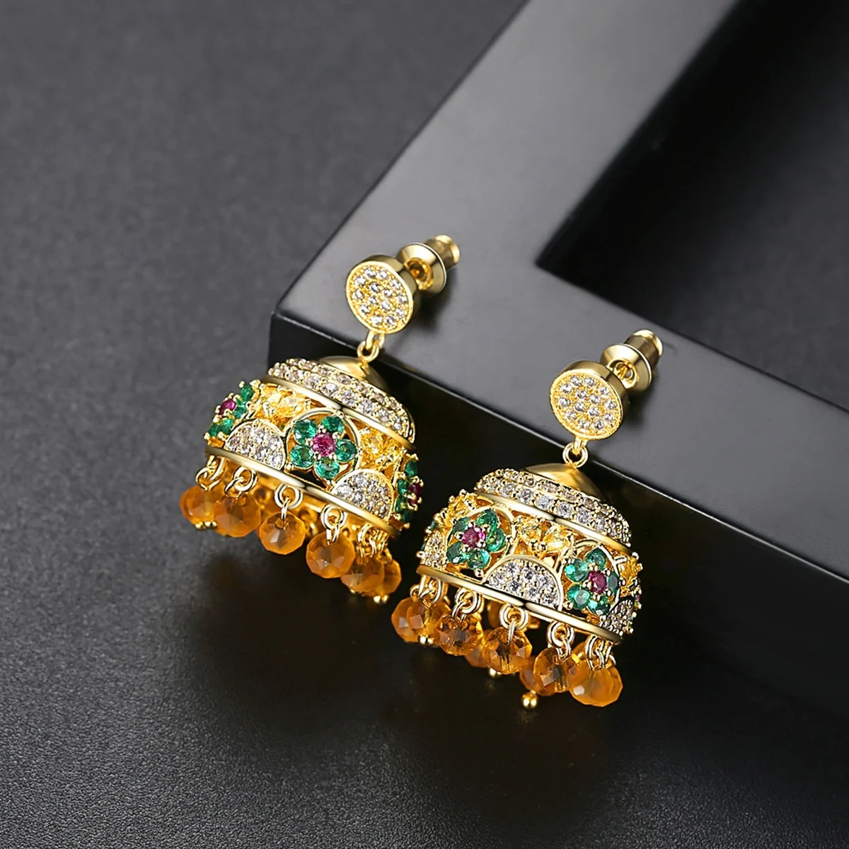 

Bohemian Indian Jhumka Beads Tassel Flower Drop Earrings for Women Wedding Party Bridal Fashion Jewelry Christmas Gifts Bling, Multicolor