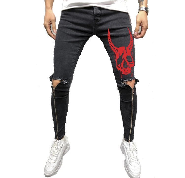 

2020 Men's new hole jean pencil pants distressed ripped freyed biker slim fit jeans trouser