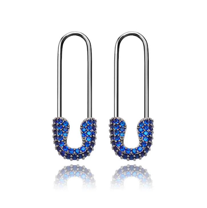 

jialin jewelry 2020ins Hot Sale iced out Hip Hop purple gold safety pin huggie earrings