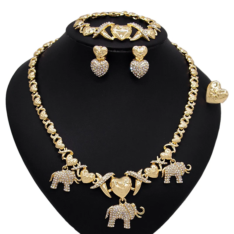 

18k Big Gold Plated XOXO Jewelry Sets Crystal Diamond Elephant Latest Design Shiny Necklace Earrings Bangle Ring Four Piece Set