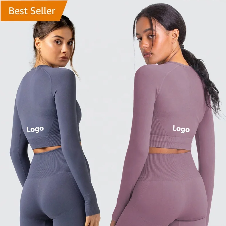 

Athletic Wear Women Long Sleeve Sin Costura Leggings Seamless Yoga Clothes Set, Black, ,,coffee, dark grey, light purple, red,dark pink, blue, green,