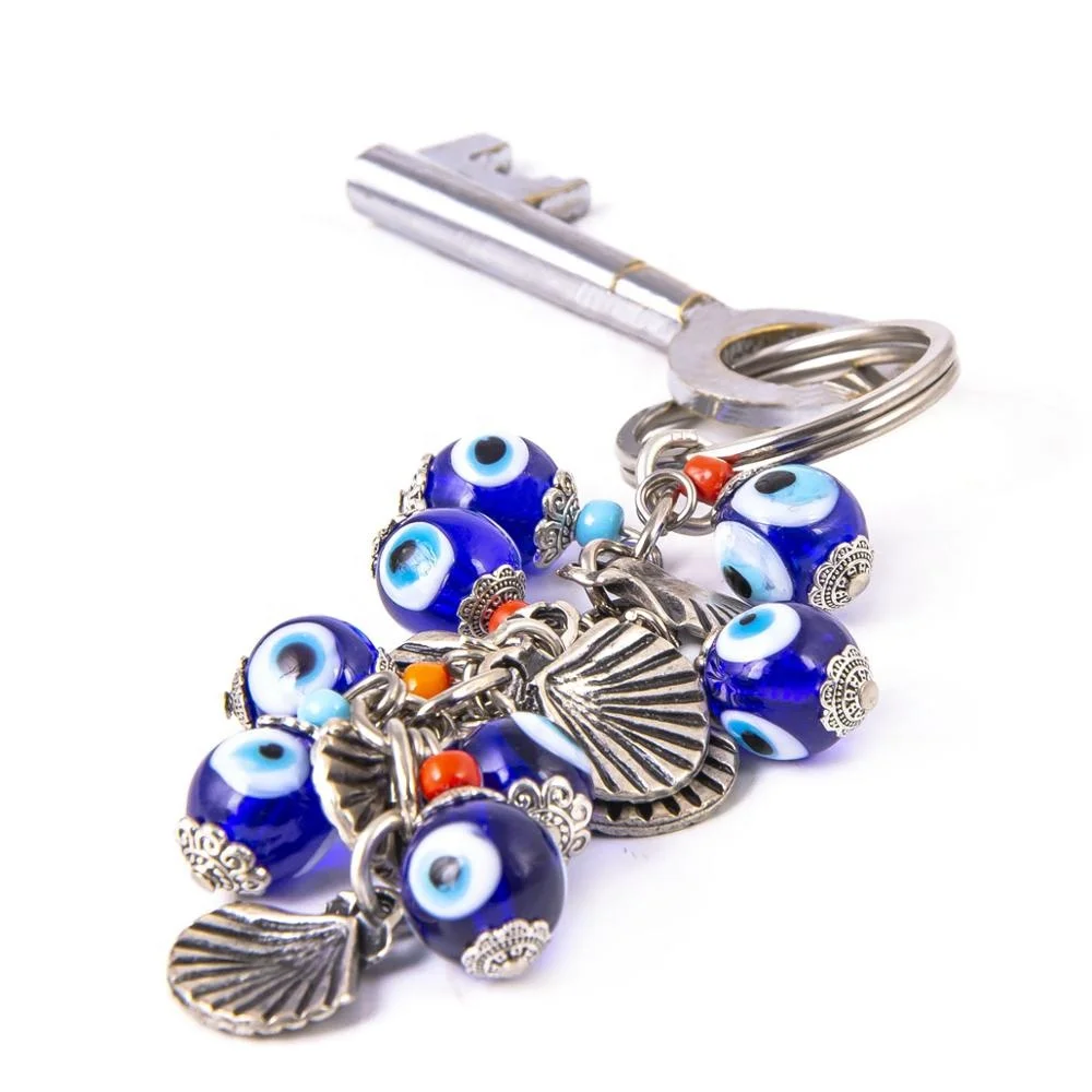 
GRAPE SHAPED BLUE HAND MADE EVIL EYE NAZAR BEADED AND MIXED FIGURED KEY CHAIN 