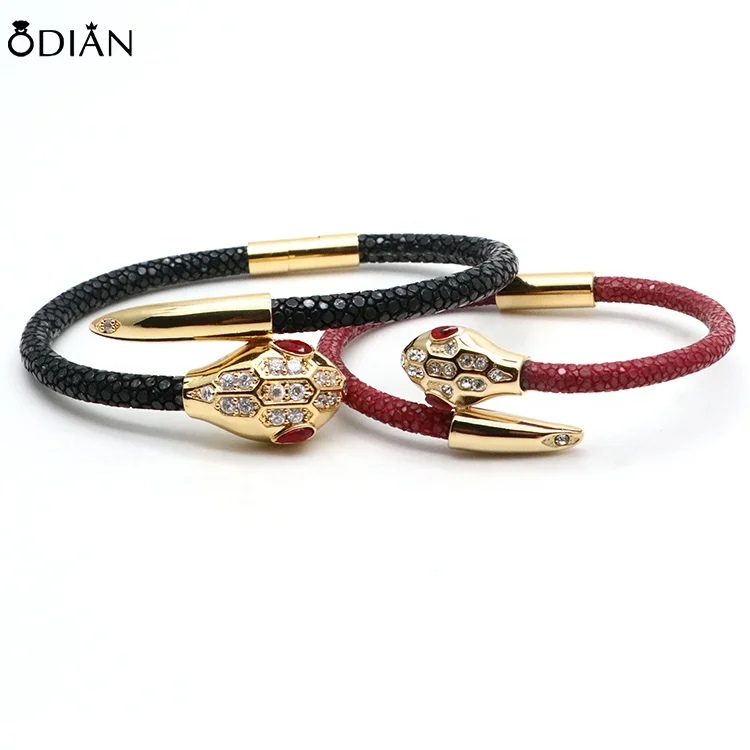 

Odian Jewelry High End Quality stainless steel snake head bracelet genuine stingray and python leather bracelet for women man, Have 15 color avilable