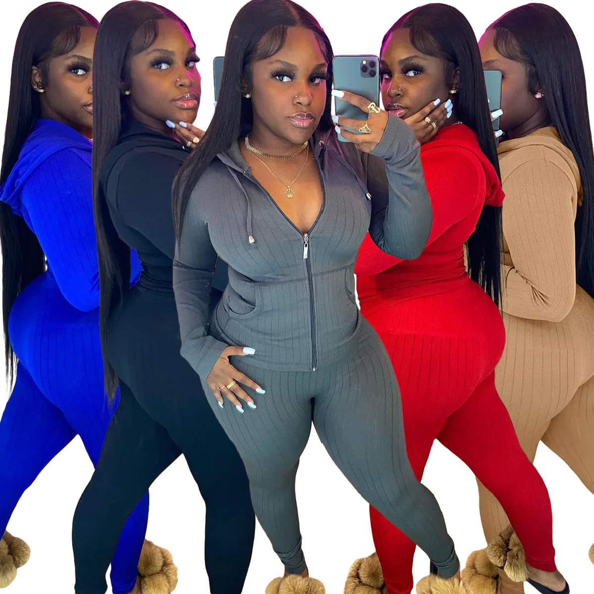

Spring 2022 Women Clothing Sets Custom Logo Hoodie Set Long Sleeve Hoodie Zipper Slim Fit Tracksuit Two Piece Set Women