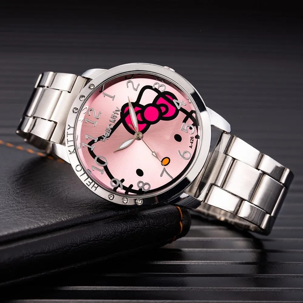 

2020 Best Seller Simple hello kitty cat mesh belt steel band ladies watch, Siilver