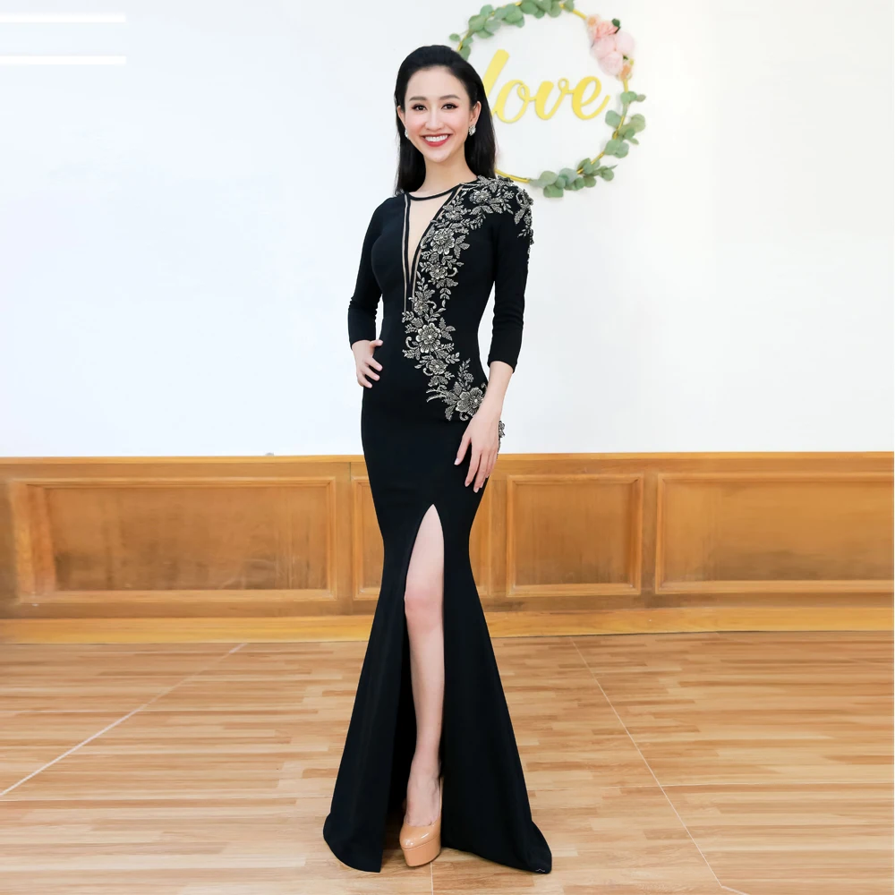 High Quality Viet Nam Wholesale Split Thigh Black Deep V Neck Women Party Clothing Dress