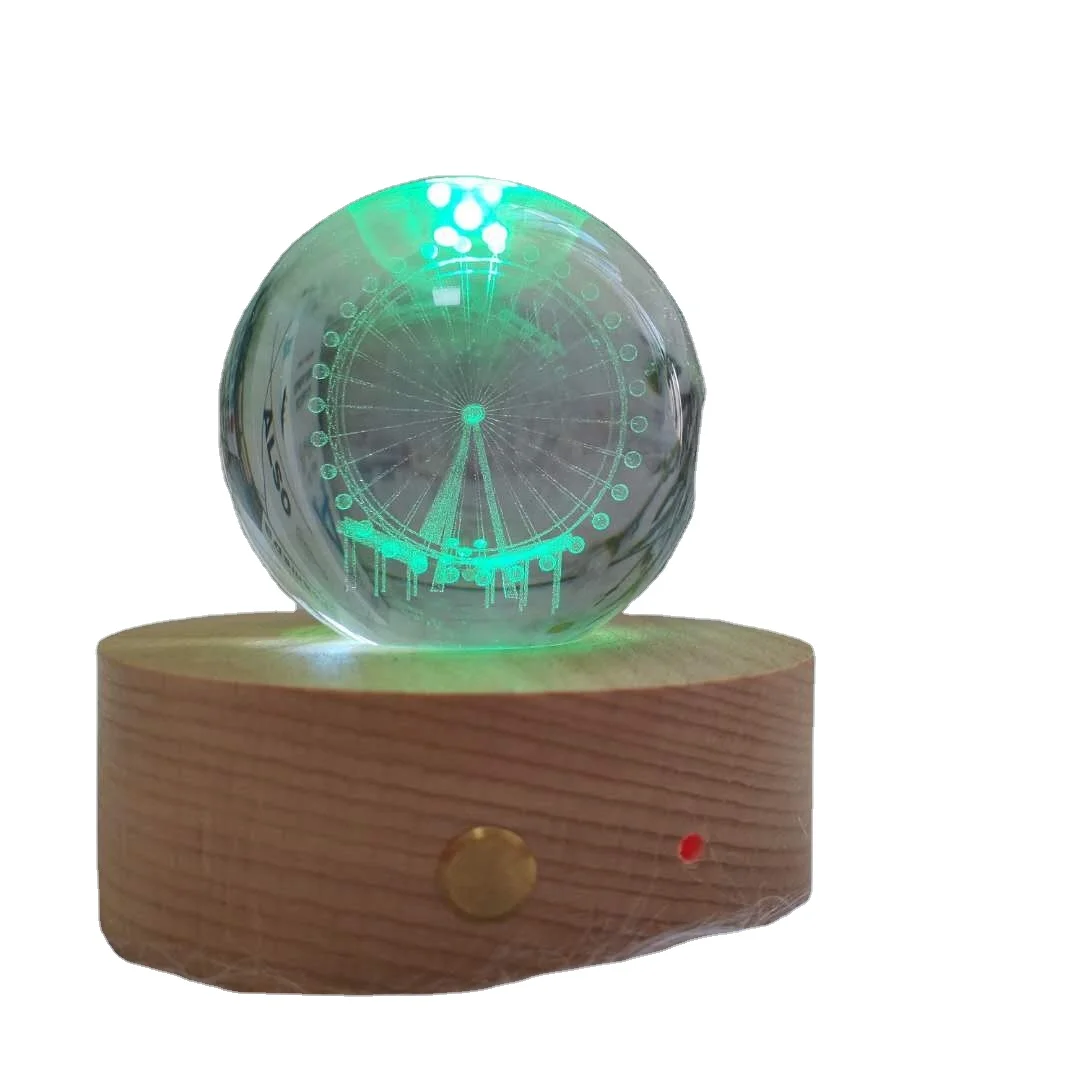 Base Speaker 3D LED Light Laser Engraved Crystal Ball Wood Coffee Shop