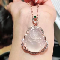 

Jialin jewelry ins Factory wholesale natural S925 silver Maitreya agate ladies cz pink jade buddha pendant necklace