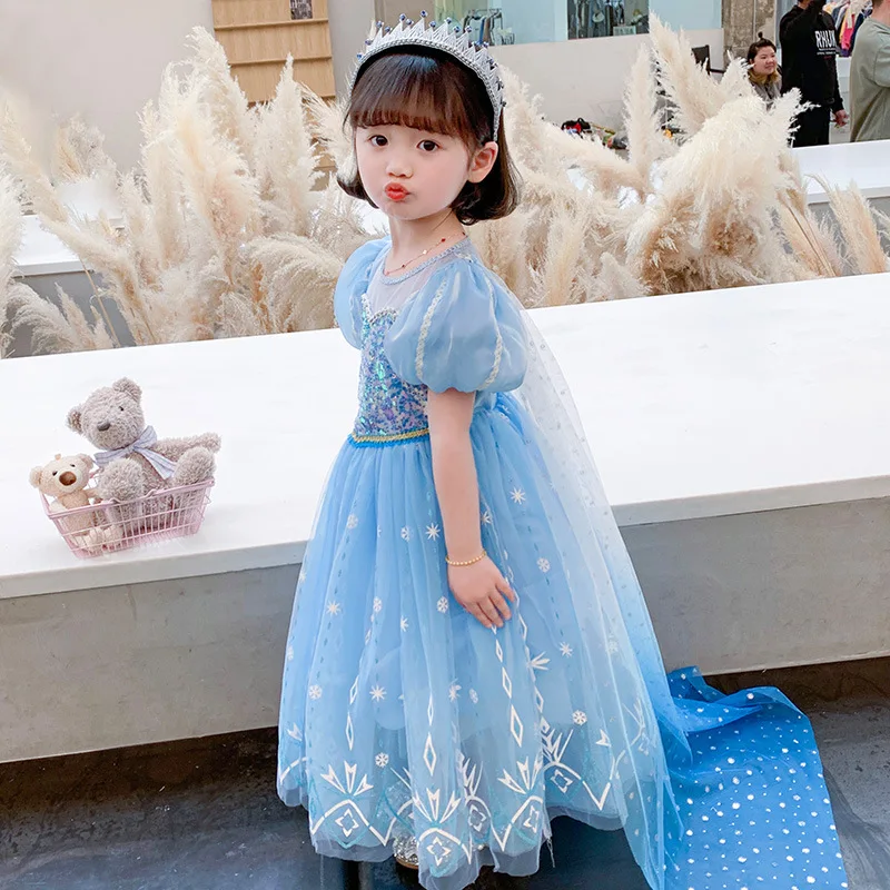 

MQATZ High Quality Snow Girls Princess Costume short-sleeved Dress Kids Cosplay Party Wear Dresses, Blue