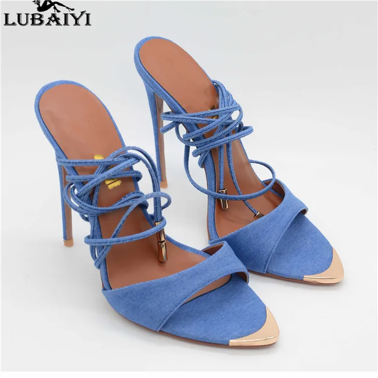 

12cm Sexy high Heel mules Denim high quality stilettos thin heel slipper for girls Elegant fashion mule girls shoes show