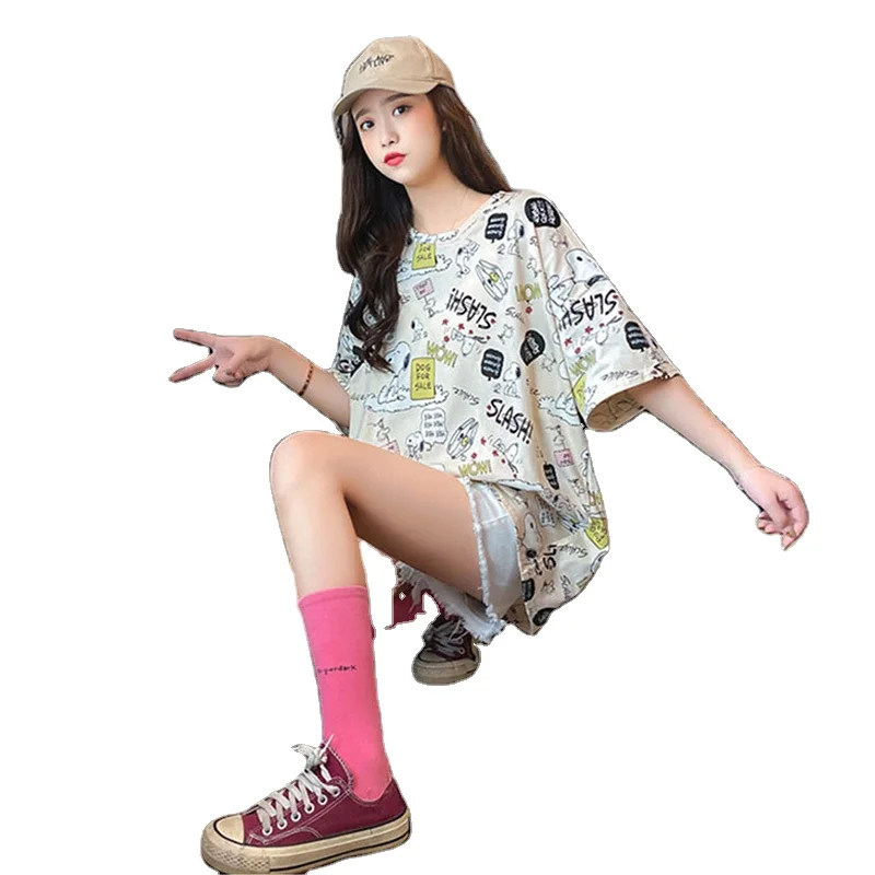 

Women Short Sleeve Printed Long Loose Tee Blouse