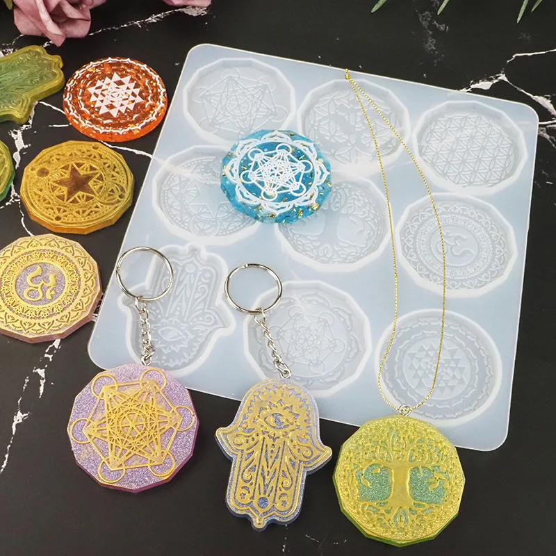 

R306 Hamsa Hand Keychain Pendant Mold Life Symbol Seven Chakra Resin Mold Sacred Geometry Keychain Mold, Stocked / cusomized