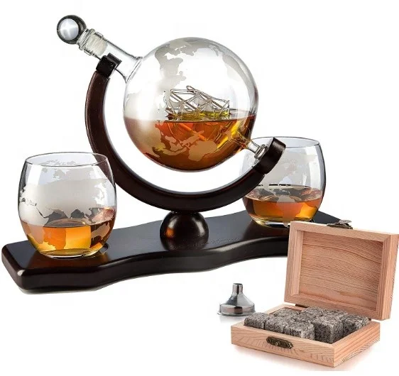 

Amazon Hot Selling Handmade 850ML Etched Whiskey Globe Decanter Set, Customized color