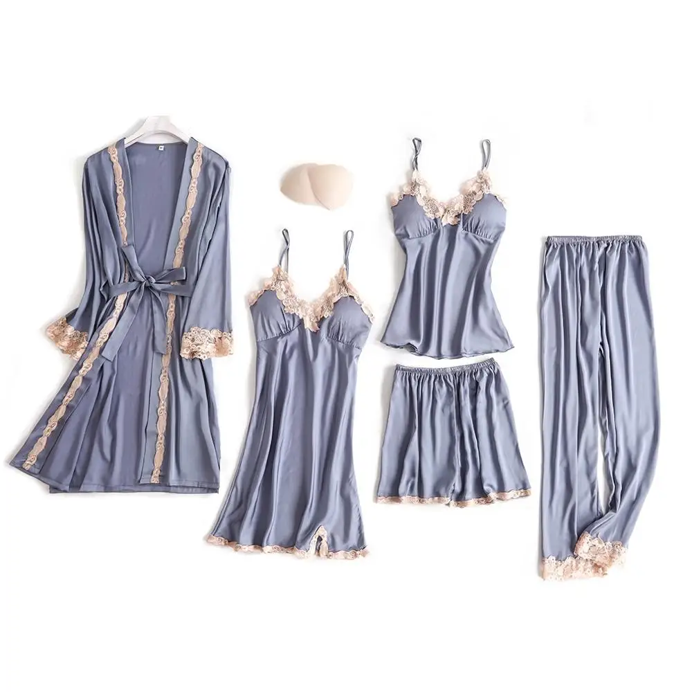 Wholesale Five Piece Pajamas Women Satin Ladies Sleepwear With Chest Pad