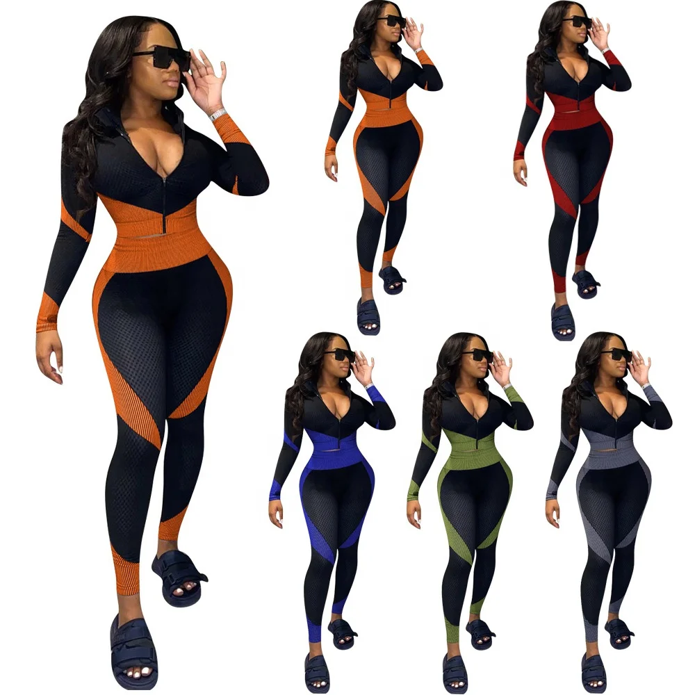 

D8220 2020 Boutique high waist fitness gym sets women outfit with mesh printed town-down collar 2 piece leggings set