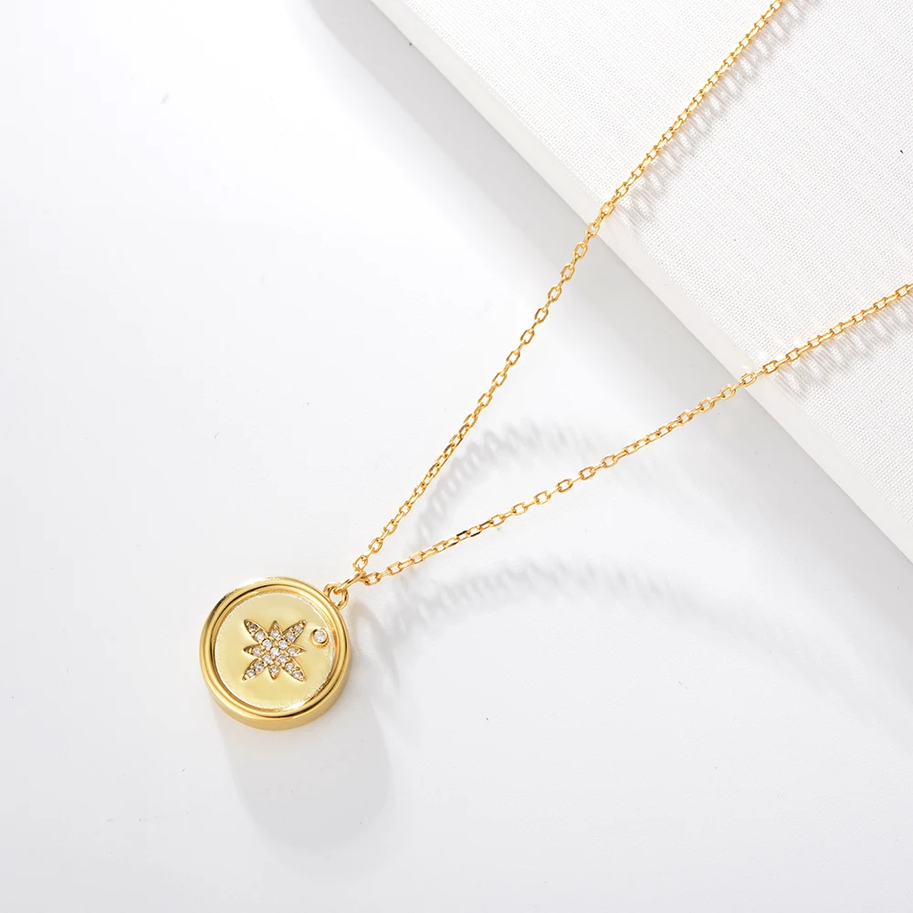 

In Stock Peishang 925 Sterling sliver Gold Plated Zircon Two Face Round Charm A Letter Star Necklace Wholesale Women Jewelry
