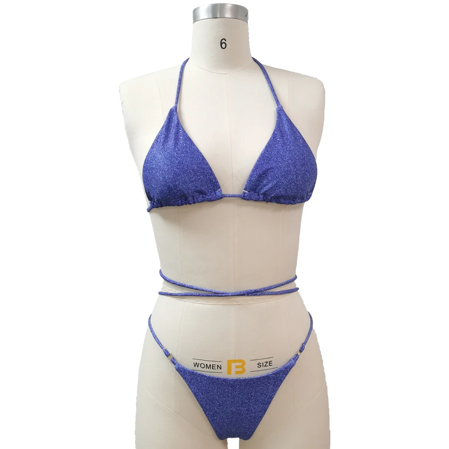 

New design Multi Rope Cross Denim fabric bikini Lace up swimsuit Blue swimwear beachwear