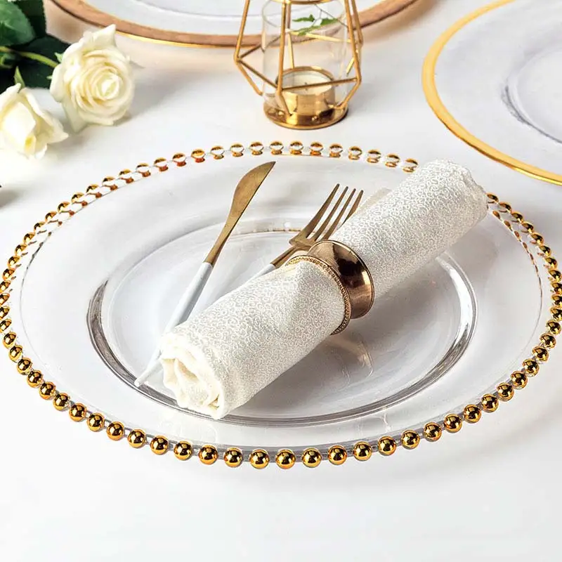 

Hosen 28 Ready To Ship Clear Gold Rim Cheap Bulk Wedding Gold Beaded Charger Plate