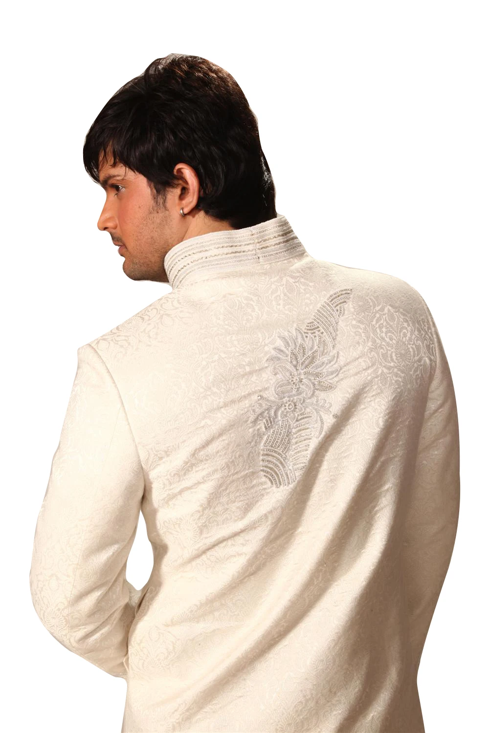 
Saris And Things Highneck White Indo Western Sherwani For Men Cotton Silk Brocade Fabric With Cuttdana And Jacomoti Work 