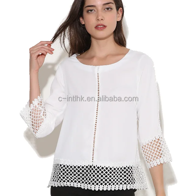 

White shirt for women fashion blouse Crochet Lace Tunic top Ladies Elegant office work dress shirt