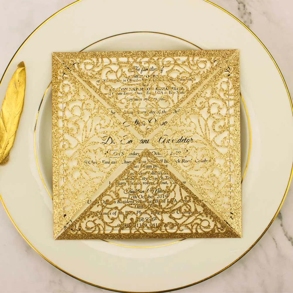

Hot Sell Laser Cut Elegant Glitter Invitation cards Greeting card for Engagement Wedding Bridal Shower Dinner Birthday Party