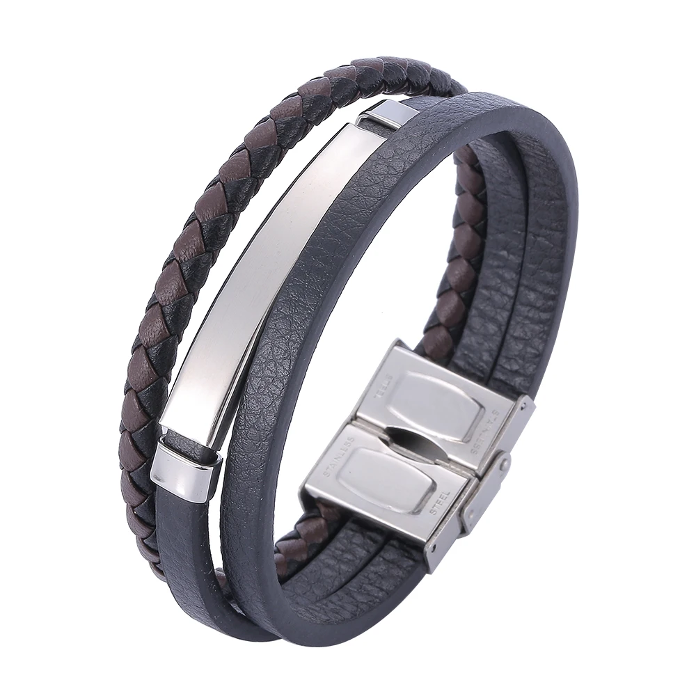 

Multilayer Braided Wrap Leather Bracelets Men Stainless Steel Charm Magnet Clasp Punk Handmade Bangles Male Gift SP1155