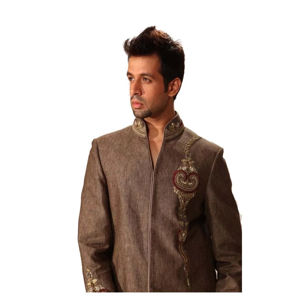 
Saris And Things Linen Fabric Indowestern Sherwani For Men Made From Finest Italian Linen Resham And Jardoshi Work 