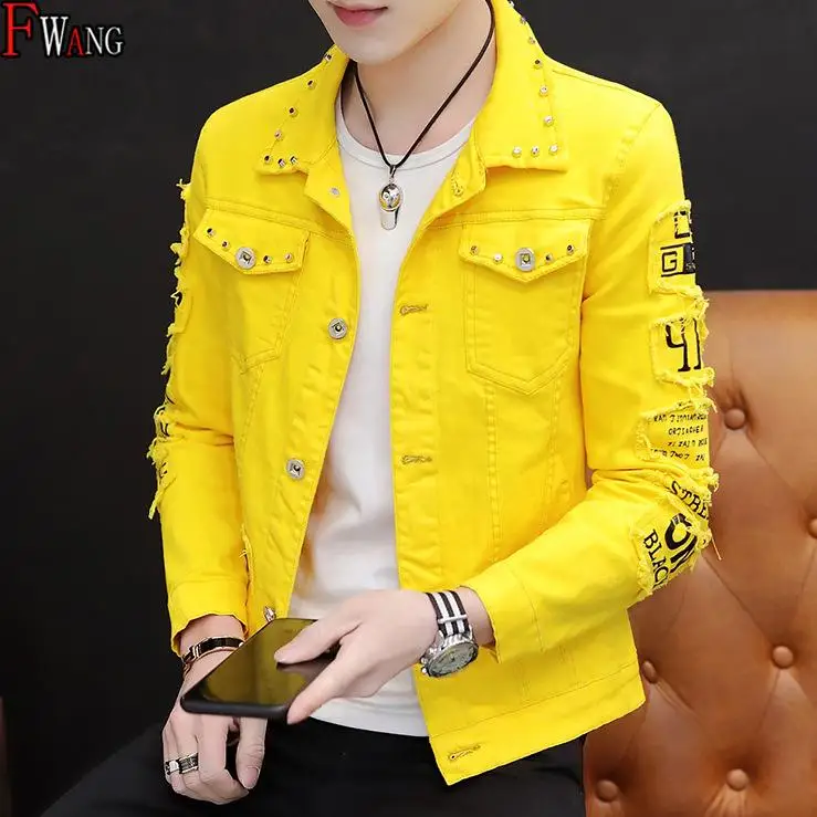 

Wholesale Jeans Jacket For Men Ripped Jean Jackets Causal Streetwear Denim Rivets Clothes