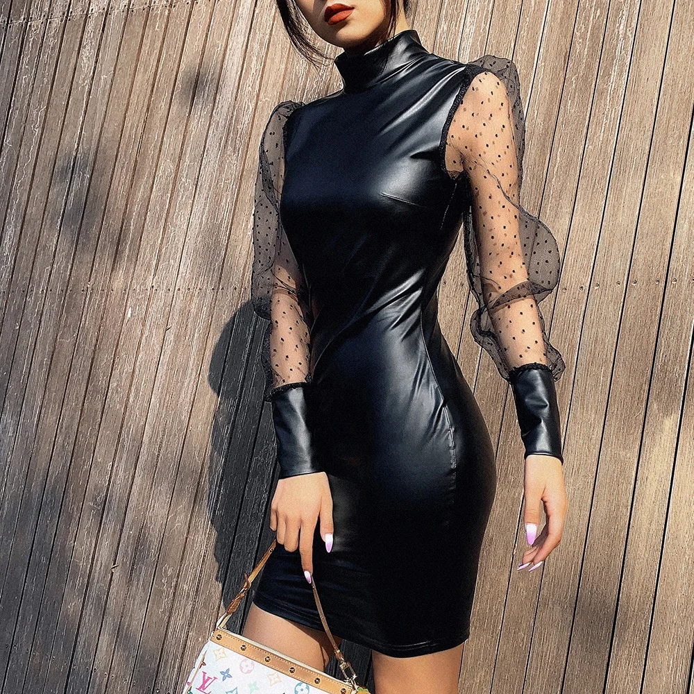 

Aselnn New Fashion Women Sexy Long Sleeves Leather Dresses turtleneck club dress with mesh sleeves