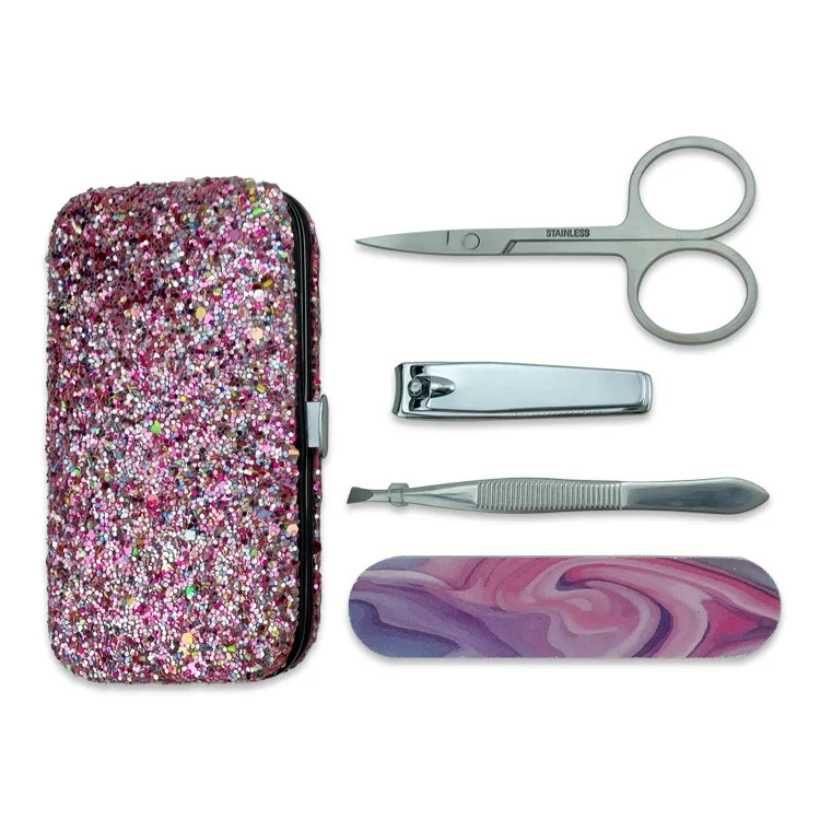 

private label men women 4pcs stainless steel gold color manicure kit in glitter case, Black and red