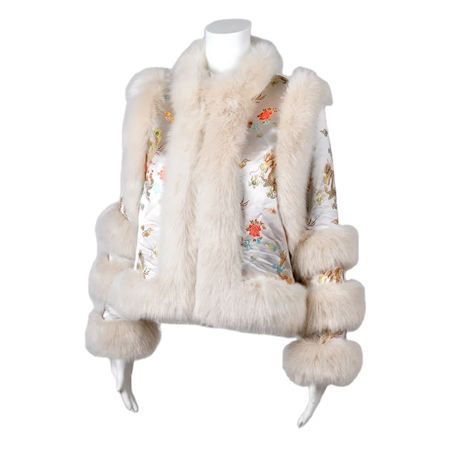 

Winter Ladies Luxury Pattern Print Coat Rabbit Faux Fur Decoration Coat Warm Short Jacket