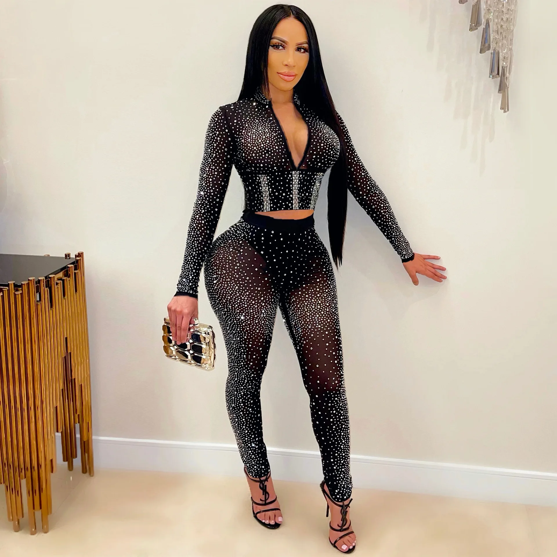 

Ropa De Mujer Sparkle Crystal Legging Set Party Club Glitter Jumpsuit Women See Through Rhinestone Bodycon Two Piece Pants Set