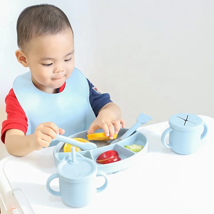 

Baby Bib Supplies 2021 Popular soft suction food grade silicone bowl baby bibs and spoon bpa free silicone feeding tableware set, 12