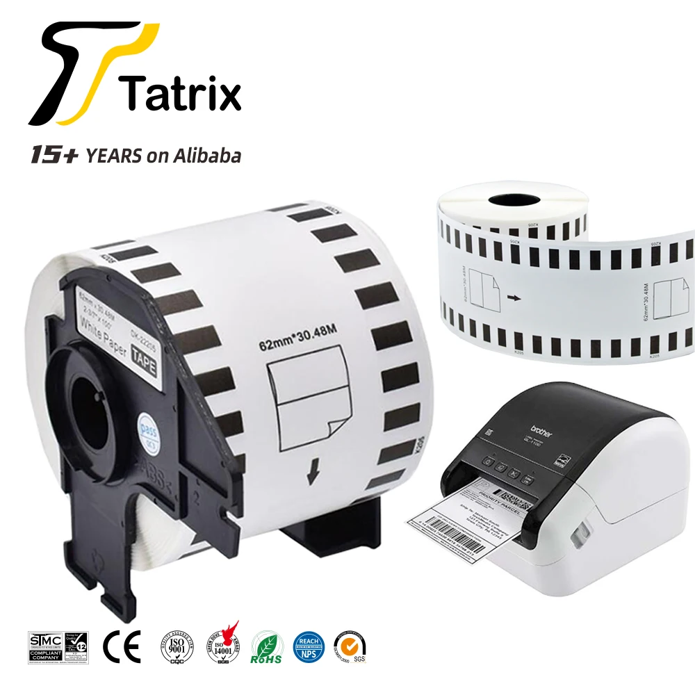 

Tatrix 62mm Black on White Self Adhesive Thermal Paper Label Roll DK-22205 DK22205 for Brother QL-700 Printer