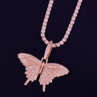 

High quality AAA+ Pink Cubic Zircon Paved Bling Ice Out Rose Gold Butterfly Pendants Necklace