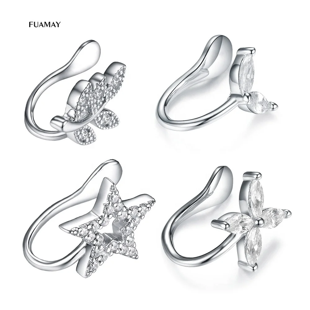 FUAMAY 925 Silver Gold Zircon Minimal Cartilage Star Flower Leaf Ear Cuff Earrings No Piercing Hanging Jewelry for Party