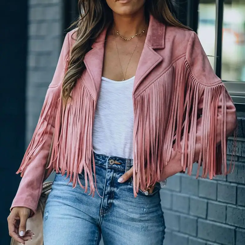 

2021 Faux Suede Jacket Women's Motorcycle Lapel Handsome Jacket Fall Ladies Solid Fringe Short Coat Women Jackets Thin