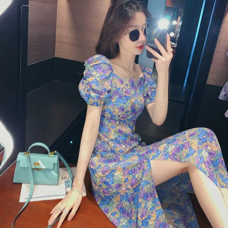 

Purple Puff Sleeve Dress Women's Summer 2021 New Style Hem Slit Western Style Floral Waist Long Skirt Dresses Women Ladies